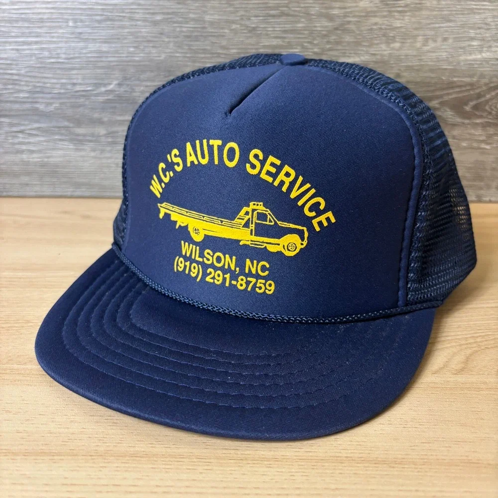 Vintage WC's Auto Service Hat Cap Snap Back Blue Trucker Wilson North‎ Carolina